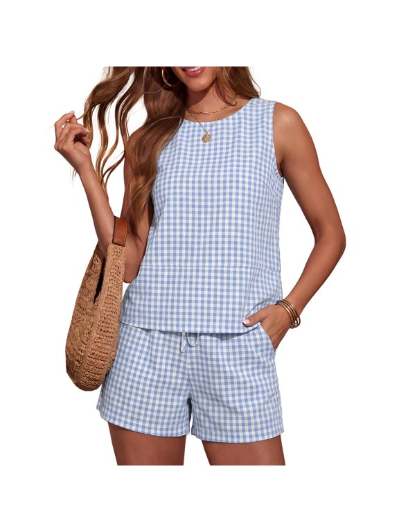 Women's Casual Print Sleeveless Round Neck Pocket Bandage Short Pants Set, Checkered, Stretchy, Regular Fit, Multiple Colors.