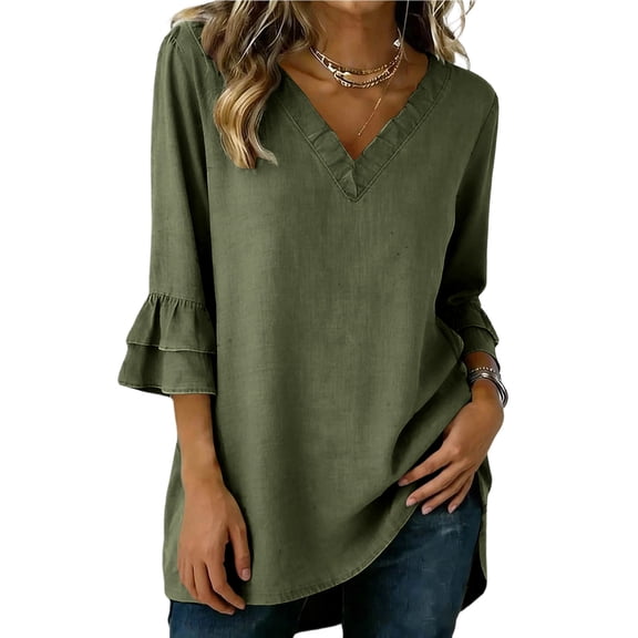 Paiwinds Women's Casual Solid V-Neck Tunic Blouse 3/4 Sleeve Ruffle Cuff Loose Fit Top Olive Green Fashion Shirt