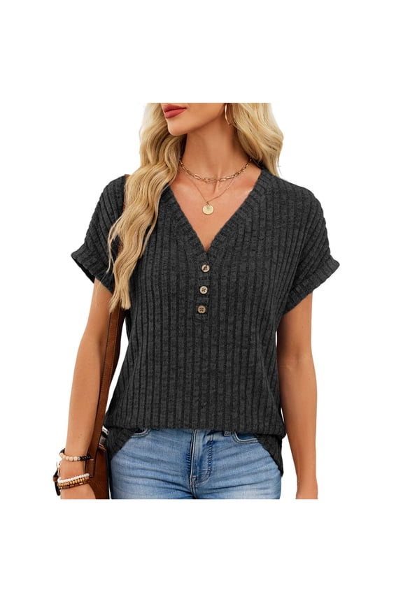 Women‘s Casual V-Neck Short Sleeve Blouse, Lightweight & Stretchy Nylon Spandex Blend Top, Solid Color Summer Shirt for Everyday Casual Wear and Relaxed Outings