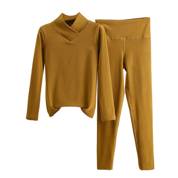 Paiwinds V-Neck Pajama Set for Women - Long Sleeve Thermal Top & Slim-Leg Pants, Warm Winter Sleep Loungewear for Cold Weather