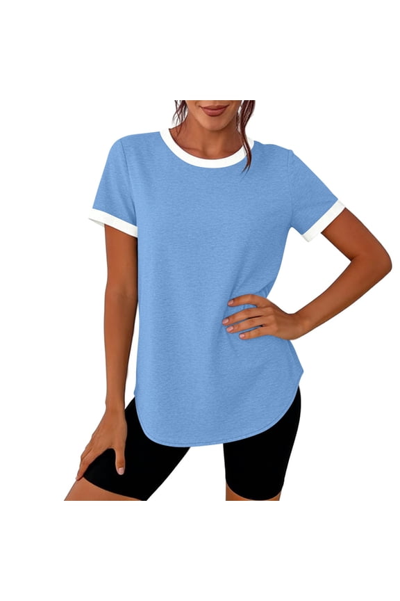Women's Color Block Short Sleeve T-Shirt Casual Round Neck Tee with Curved Hem Comfortable Everyday Top