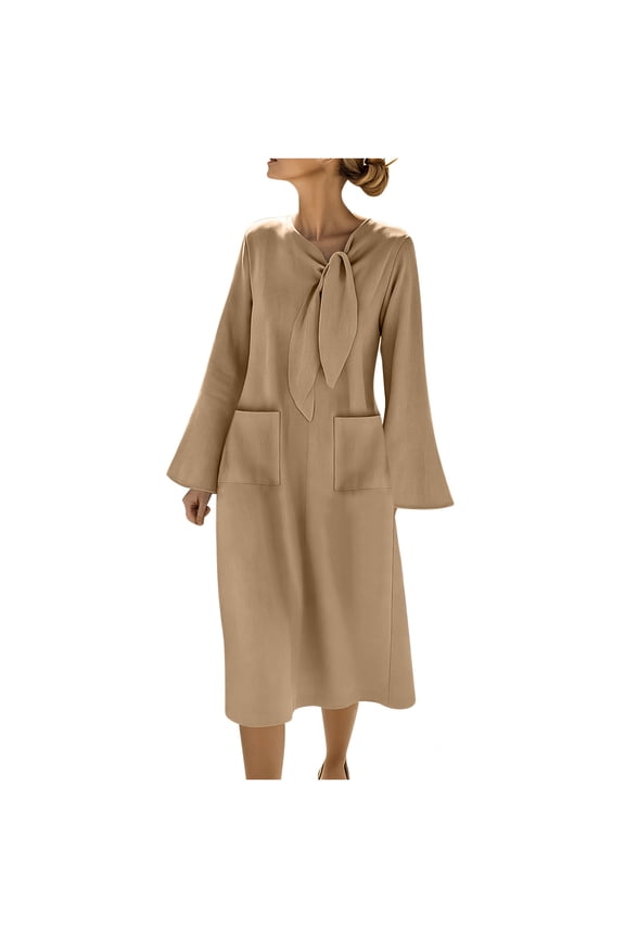 Women's Comfort Loose Pocket Maxi Dress, Long Sleeve Round Neck Flowy Shift Dress for Daily Relaxed Wear, Travel