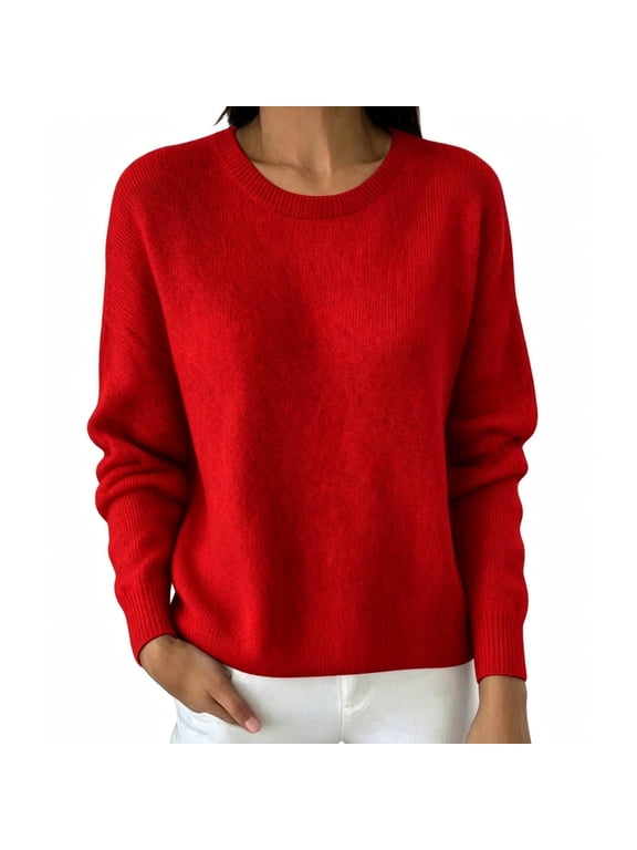 Women's Crew Neck Sweater Long Sleeve Cozy Knit Pullover, Solid Color Classic Jumper for Fall Winter Casual Everyday Wear