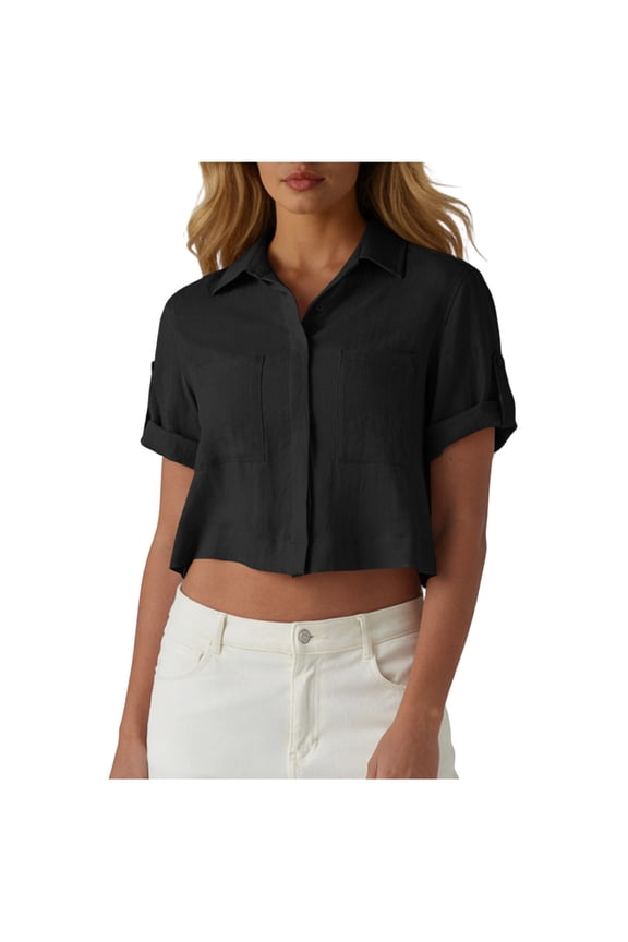 Women's Cropped Linen Shirt Short Sleeve Button Down Collared Top with Patch Pockets Casual Summer Blouse