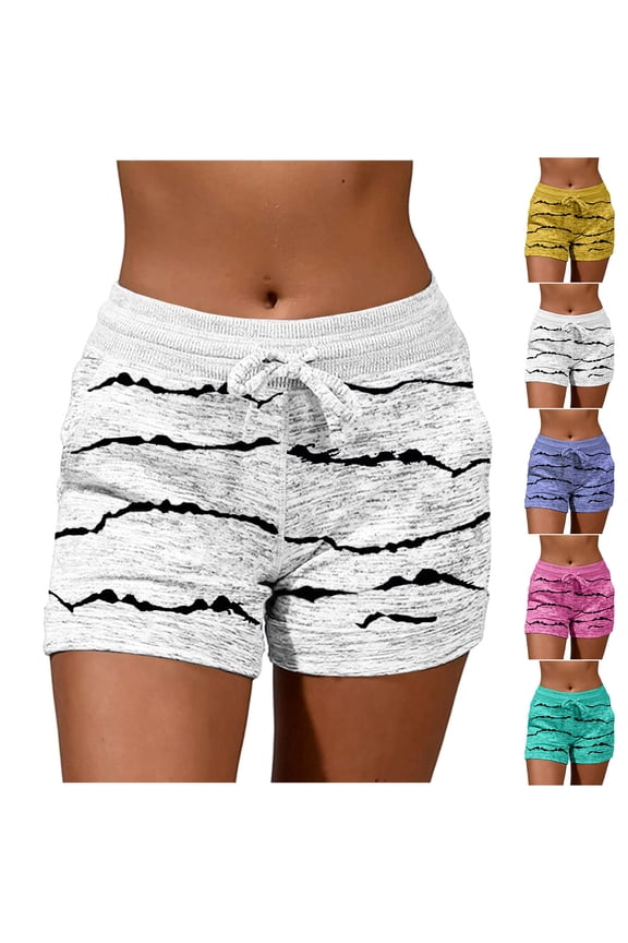 Women's Drawstring Casual Pocket Loose Printed Sports Shorts, Elastic Waist, Striped Pattern, Lightweight, Multiple Colors.