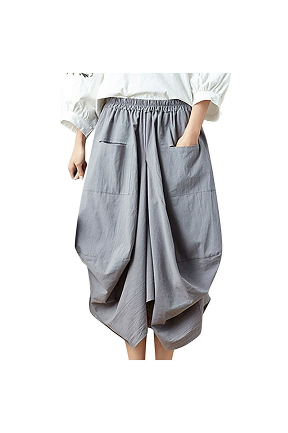 Women's Elastic Waist Solid Cotton Linen Loose Long Lantern Skirt with Adjustable Fit, Soft Breathable for Casual Summer