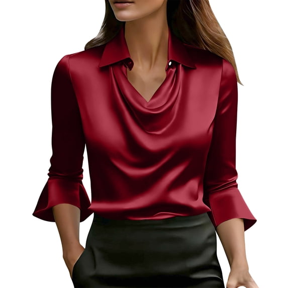 Paiwinds Women's Elegant 3/4 Sleeve Blouse with Ruffled Collar Casual Flowy Satin Top Soft Polyester Solid Color Shirt