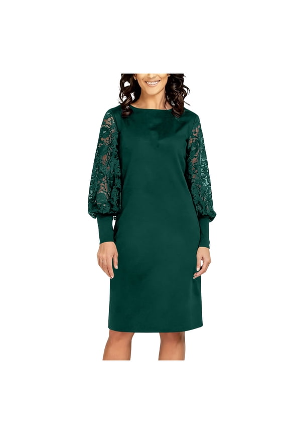 Women's Elegant Lace-Patchwork Dress, Long Sleeve Round Neck Sheath Tea-Length Dress for Special Occasions, Evening Wear