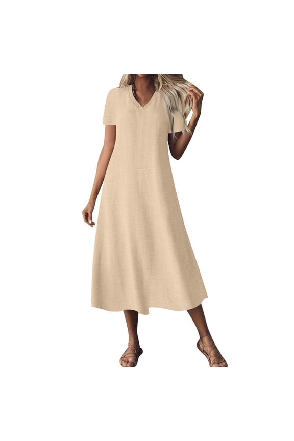 Women's Essential V-Neck Casual Dress, Short Sleeve Simple Shift Dress for Everyday Summer Wear, Easy Styling