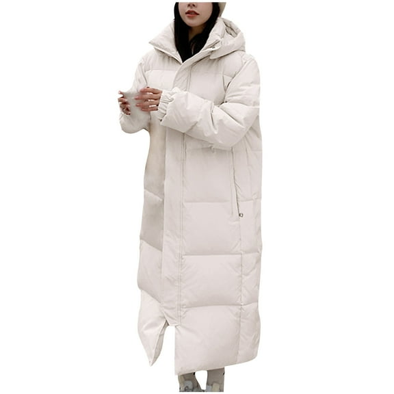 Paiwinds Women's Extended Length Over-the-Knee Hooded Puffer Coat, Loose Fit Cold-Proof Warm Thickened Cotton Jacket for Winter
