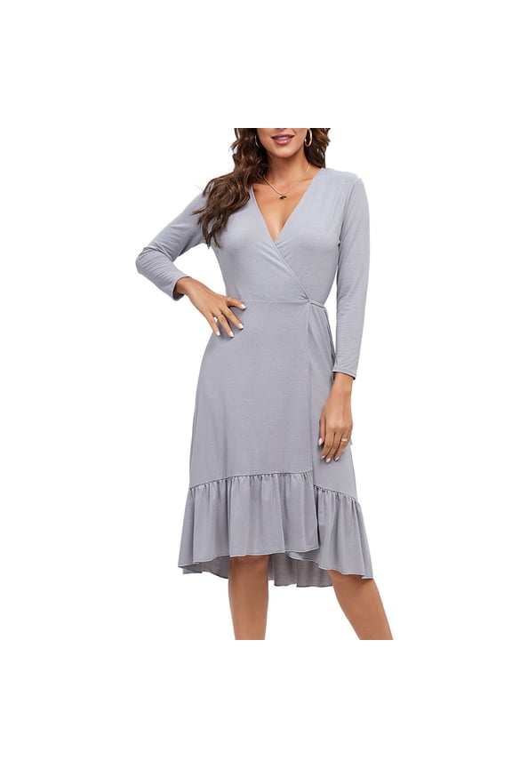 Women's Fall Deep V-Neck Long Sleeve Wrap Waist Ruffled Hem Midi Dress, Tie Waist Knee-Length Dress for Brunch Wedding Guest Occasion