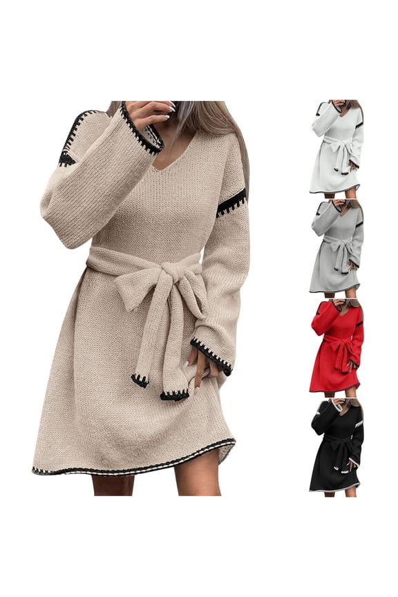 Women's Fall Loose Knit V-Neck Tie Waist Long Sleeve Sweater Dress, Cozy Mid-Length Casual Dress for Chilly Days Home Relax