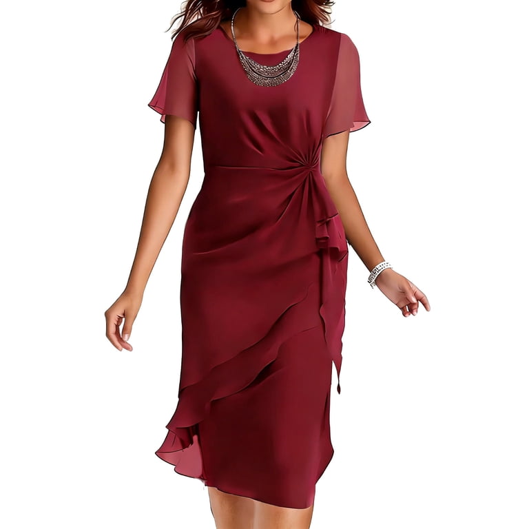 Paiwinds Women's Fall Round Neck Short Sheer Sleeve Ruched Ruffle Midi Dress, Chiffon Cocktail Dress for Wedding Guest Gala Semi-Formal Event, Size: