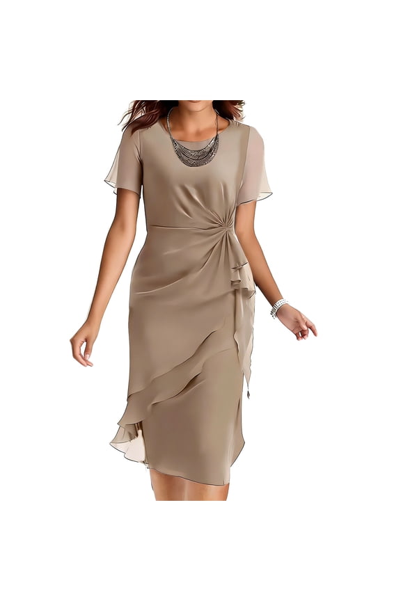 Women's Fall Round Neck Short Sheer Sleeve Ruched Ruffle Midi Dress, Chiffon Cocktail Dress for Wedding Guest Gala Semi-Formal Event