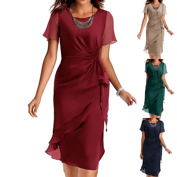 Paiwinds Women's Fall Round Neck Short Sheer Sleeve Ruched Ruffle Midi Dress, Chiffon Cocktail Dress for Wedding Guest Gala Semi-Formal Event