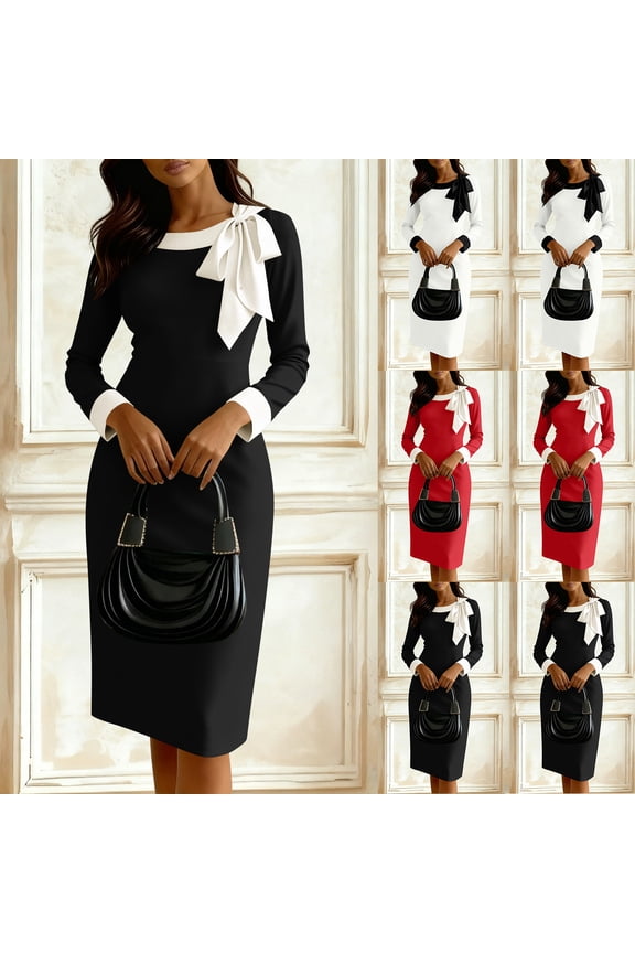 Women's Fall Solid Long Sleeve Round Neck Bow Accent Waist Dress, Sheath Tea-Length Casual Dress for Semi-Formal Occasion