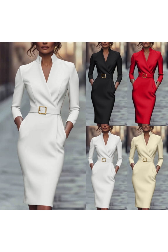 Women's Fall Solid Long Sleeve V-Neck Belted Waist Dress, Sheath Maxi Office Dress for Professional Work Business Attire