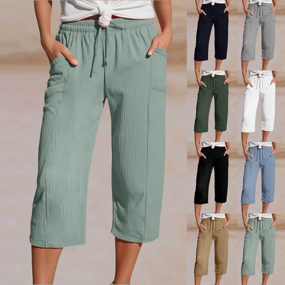 Paiwinds Women's Fashion Casual Solid Color Drawstring Capris with Pockets, Elastic Waist, Loose Fit 7/8 Length Pants, Multiple Colors.