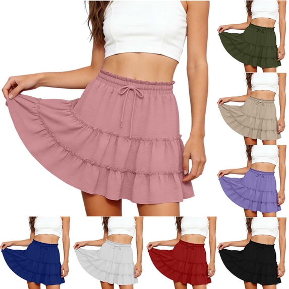 Paiwinds Women's Fashion Solid Color Elastic Waist Loose Pleated Ruffle Midi Skirt with Adjustable Waist, Soft Stretchy Breathable Cotton Blend for Summer Casual Daily Wear