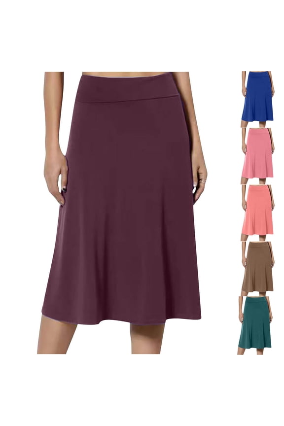 Women's Fashionable Spring Summer Solid Color High Waist Pull-On Long Skirt, Soft Stretchy Polyester Spandex for Casual Birthday