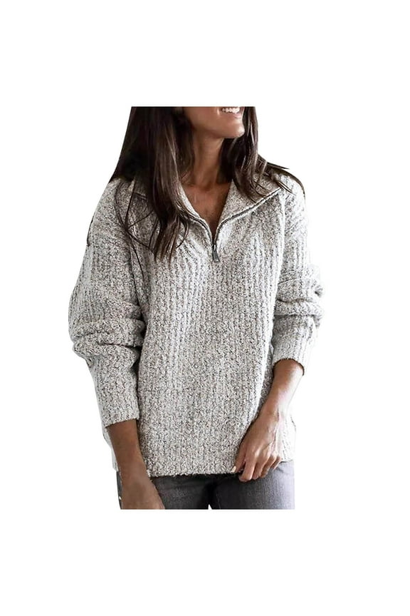 Women's Solid Color V-Neck Zipper Knitted Sweater with Long Sleeves, Soft Pullover Top for Comfortable Daily Occasions