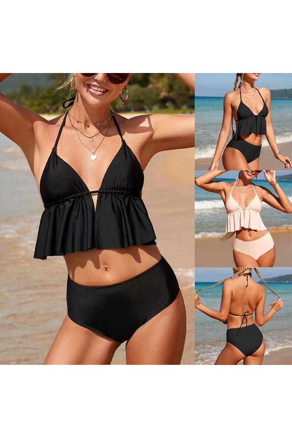 Women’s Flounce Halter Bikini Set, Ruffled Padded Bandeau & Adjustable Straps, Feminine Two-Piece Swimsuit for Beach Photos Vacation Poolside