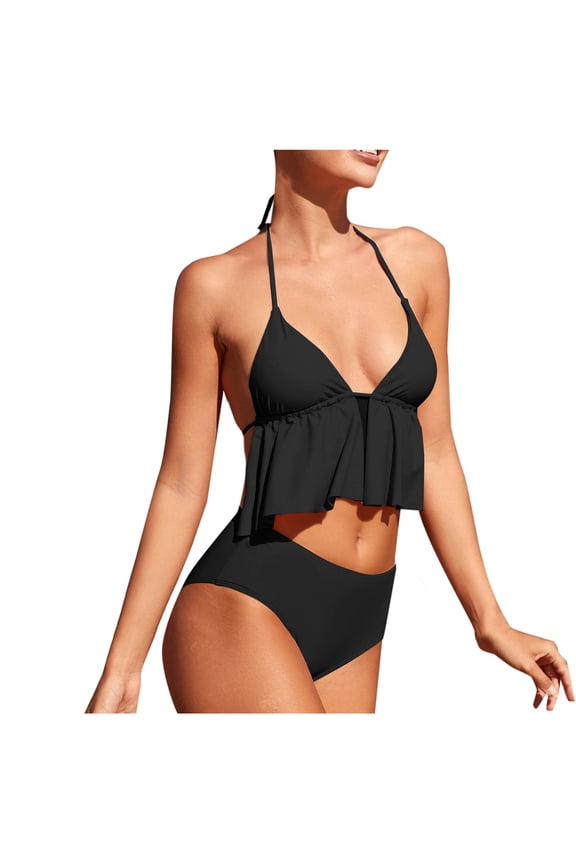 Women’s Flounce Halter Bikini Set, Ruffled Padded Bandeau & Adjustable Straps, Feminine Two-Piece Swimsuit for Beach Photos Vacation Poolside