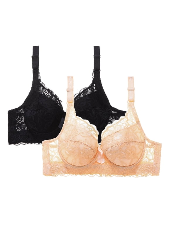 Women's Front Closure Lace Bras 2-Pack Push Up Comfort Wireless Bra No Underwire Seamless Bralette Adjustable Straps Plus Size 34B to 46D