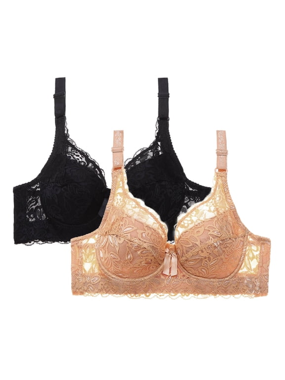 Women's Front Closure Lace Bras 2-Pack Push Up Comfort Wireless Bra No Underwire Seamless Bralette Adjustable Straps Plus Size 34B to 46D