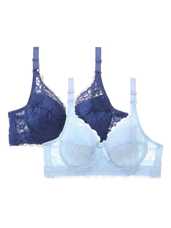 Women's Front Closure Lace Bras 2-Pack Push Up Comfort Wireless Bra No Underwire Seamless Bralette Adjustable Straps Plus Size 34B to 46D