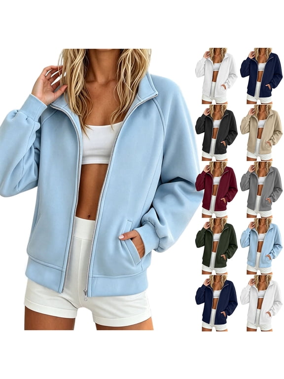 Women's Full Zip Jackets Stand Collar Long Sleeve Cropped Athletic Track Jackets Slim Fit Mid-Weight for Sporty Casual Athleisure