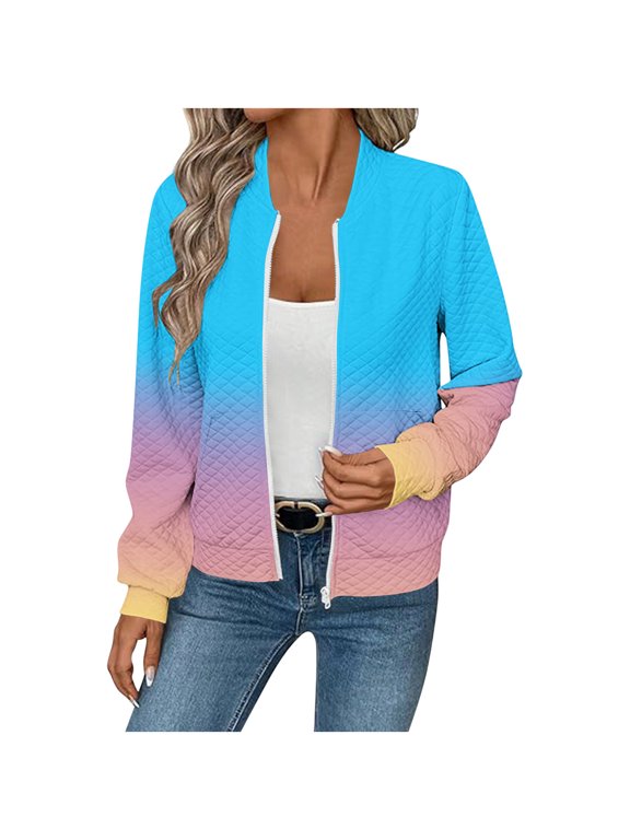 Women's Gradient Quilted Jacket Zip Up Coat Casual Winter Outerwear Long Sleeve Warm Top with Pockets for Daily Wear Streetwear Vacation