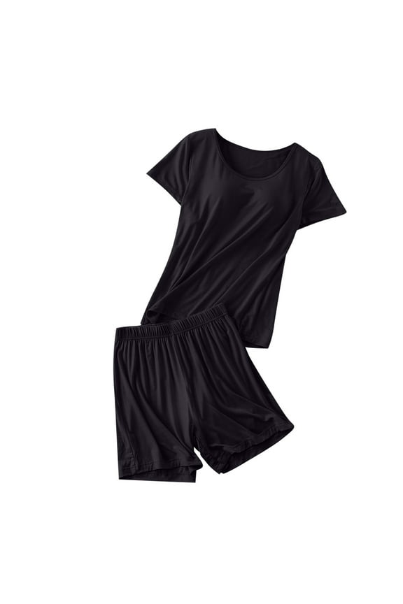 Women's Halter Neck Pajama Set with Built-In Bra Pads Soft Modal Cotton Polyester Blend Short Sleeves Loose Fit Comfortable Summer Loungewear