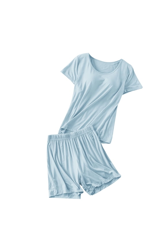 Women's Halter Neck Pajama Set with Built-In Bra Pads Soft Modal Cotton Polyester Blend Short Sleeves Loose Fit Comfortable Summer Loungewear