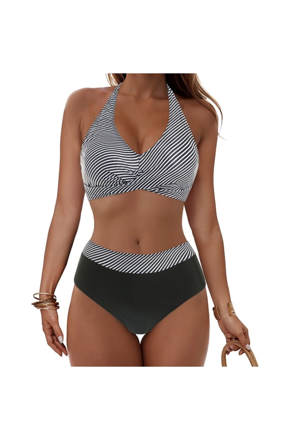 Women‘s Hawaiian Tropical Print Bikini Set High Waisted Ruffle Bottom Padded Bandeau Two Piece Swimsuit for Beach Vacation