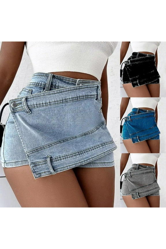 Women's High Waist Irregular Denim Culotte Skirt with Built-in Shorts, Soft Stretchy Denim for Casual Summer