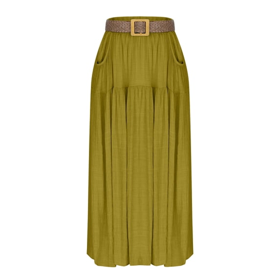 Paiwinds Women's High Waist Pleated A-Line Midi Skirt Solid Elastic Waist Flowy Casual Skirt for Office and Daily Wear