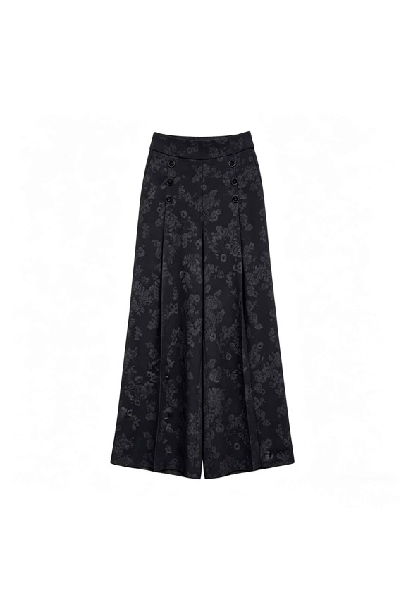 Women's High Waist Wide Leg Culotte Pants Wrinkle Draped Loose Fit Trousers with Button Detail Floral Jacquard Casual Flowy Pants