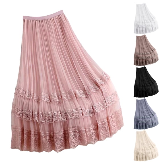 Paiwinds Women's High Waisted Lace Patchwork Mesh Pleated A-Line Midi Skirt with Elastic Waist, Soft Flowy Breathable Polyester for Casual Spring Summer