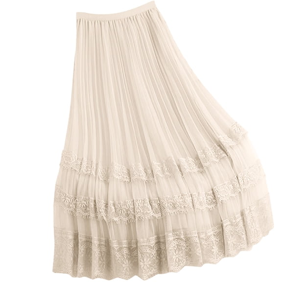 Paiwinds Women's High Waisted Lace Patchwork Mesh Pleated A-Line Midi Skirt with Elastic Waist, Soft Flowy Breathable Polyester for Casual Spring Summer