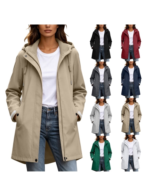 Women's Hooded Anorak Jacket All-Season Mid-Length Full Zip Long Sleeve Drawstring Windbreaker Casual Outdoor Lightweight Coats for Women