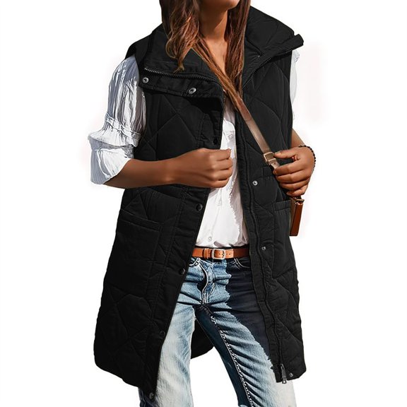 Paiwinds Women's Long Puffer Vest with Stand Collar, Sleeveless Winter Waistcoat with Pockets and Softshell Fabric, Casual Outerwear for Layering and Urban Style