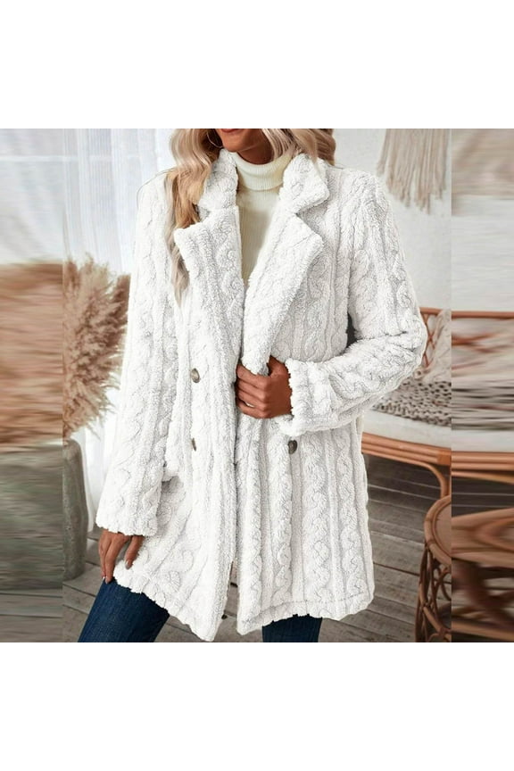 Women's Winter Lapel Long Sleeve Button Warm Plush Coat Long Length Jacket for Cold Weather Wear and Stylish Formal or Casual Events