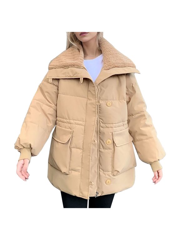 Women's Hooded Button Long Sleeve Lamb Wool Lapel Cotton Jacket Mid-Length Relaxed Fit Coat for Lounging and Casual Outings