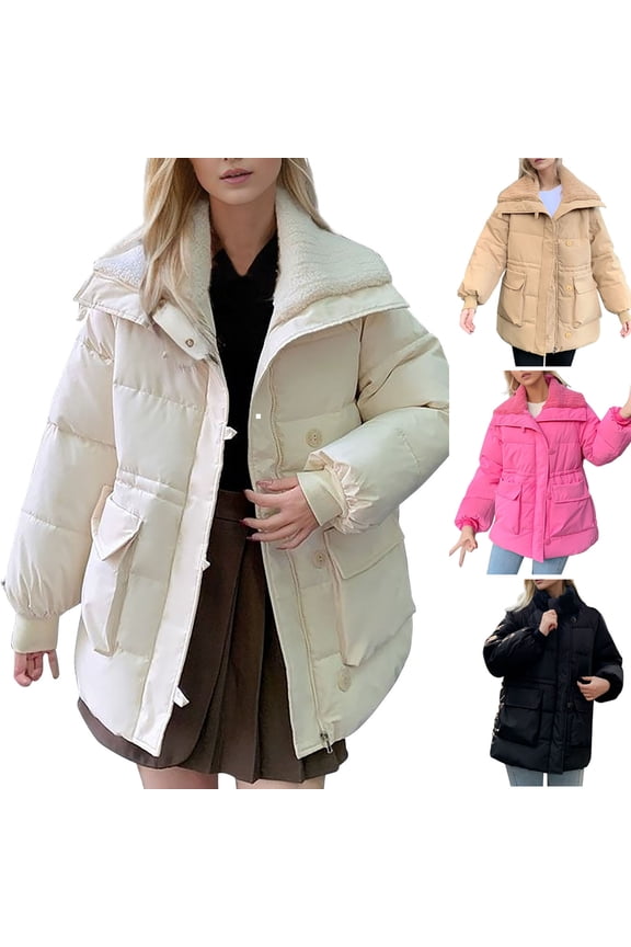 Women's Hooded Button Long Sleeve Lamb Wool Lapel Cotton Jacket Mid-Length Relaxed Fit Coat for Lounging and Casual Outings