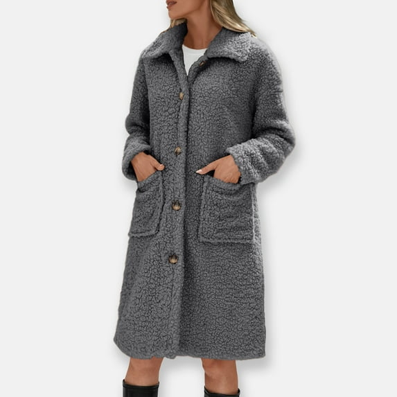 Paiwinds Women's Winter Long Sleeve Lapel Warm Fleece Coat Solid Color Button Pocket Mid Length Top for Casual Activities and Lounging Comfort