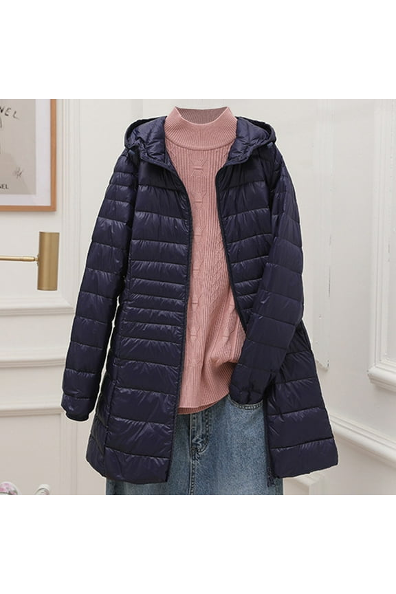 Paiwinds Women's Hooded Lightweight Down Jacket Medium Long Zipper Front Slim Large Size Thin Coat for Casual and Daily Cold Season Wear