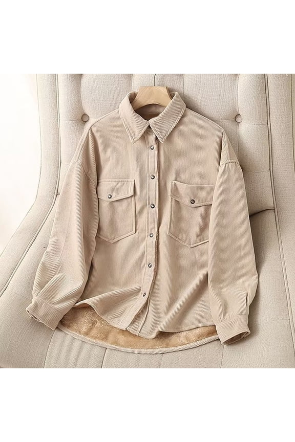 Women's Fall Casual Long Sleeve Hooded Coat, Pocket Button Design Corduroy Jacket with Lamb Fleece Lining, Outerwear for Seasonal Transition and Comfort