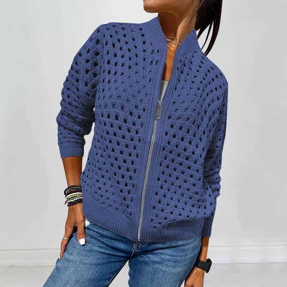 Paiwinds Women's Casual Hollow Knitted Long Sleeve Zipper Jacket Stylish Short Coat for Cool Weather Outings and Everyday Fashionable Looks