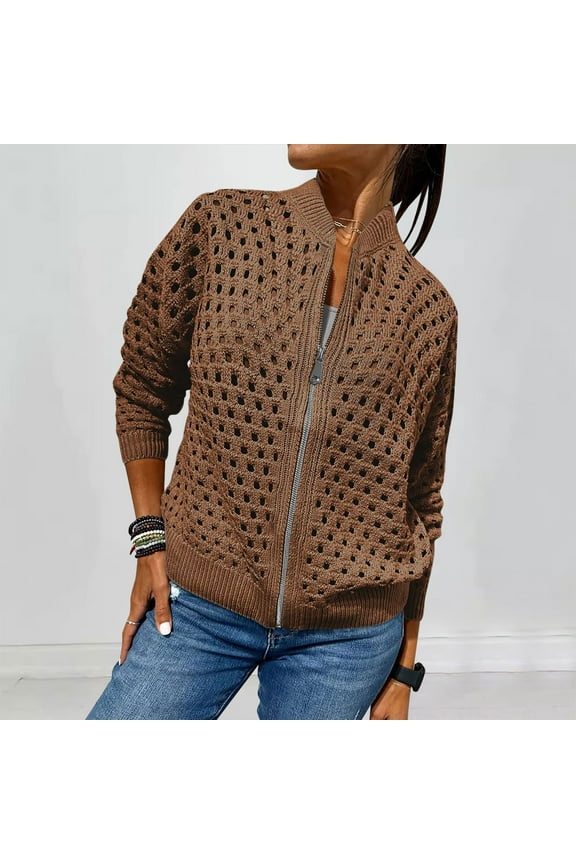 Women's Casual Hollow Knitted Long Sleeve Zipper Jacket Stylish Short Coat for Cool Weather Outings and Everyday Fashionable Looks